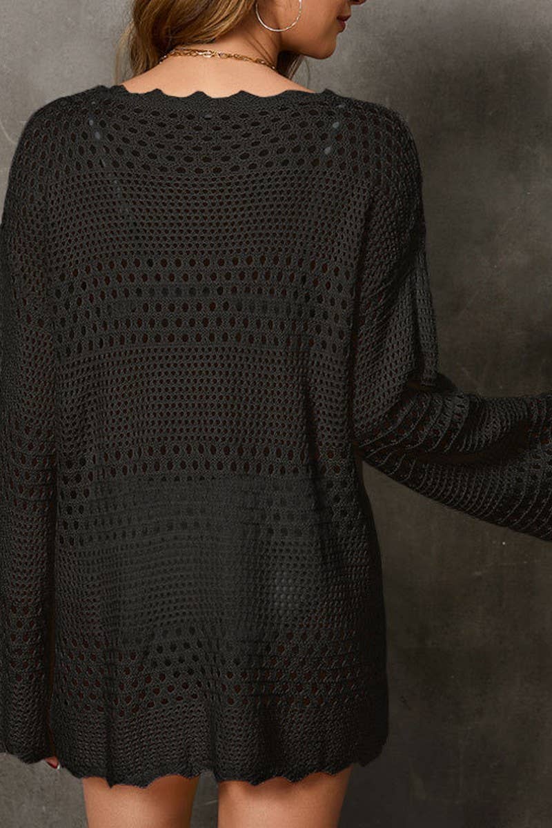 Cwtbll3657_Hollow Knit Cardigan Bell Sleeve Beach Dress