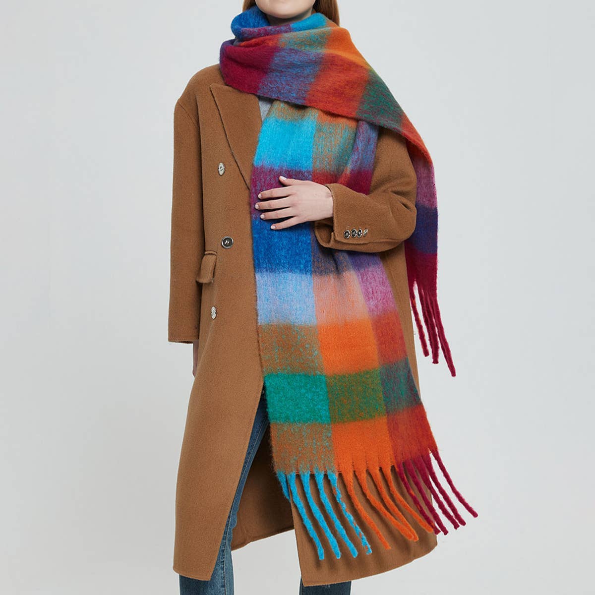 RAINBOW PLAID FUZZY SCARF THICK WINTER SHAWL WRAP_CWASC1051