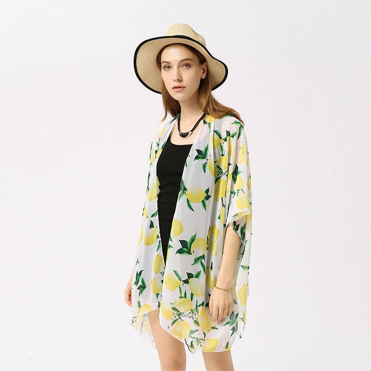 LEMON PRINT OPEN FRONT KIMONO CARDIGAN FOR SUMMER_CWASC0794