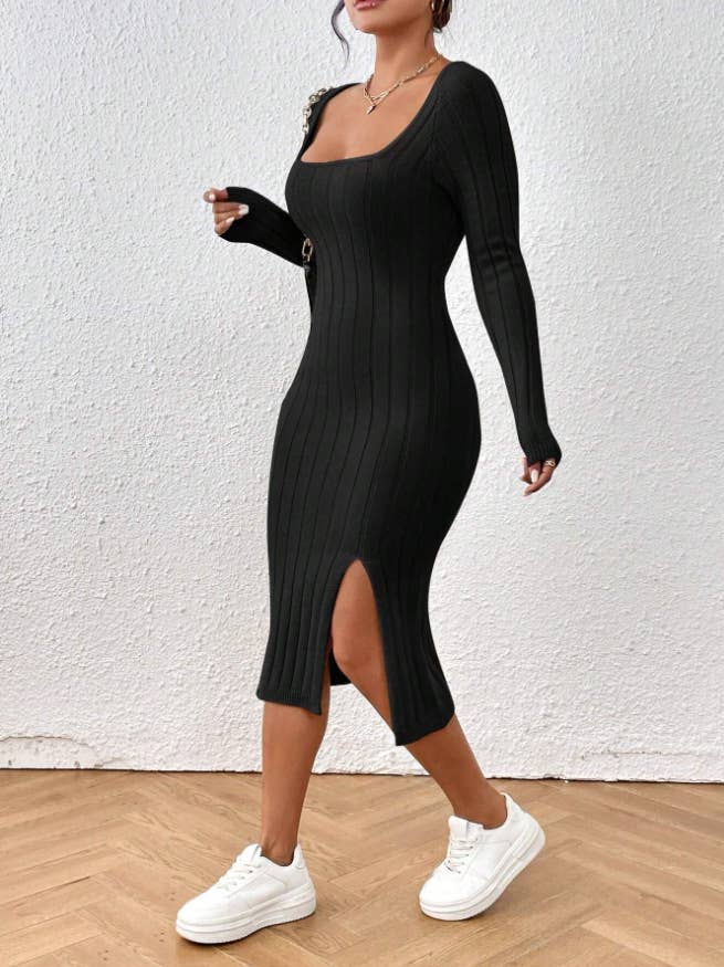 Square-Neck Long-Sleeved Solid-Color Dress