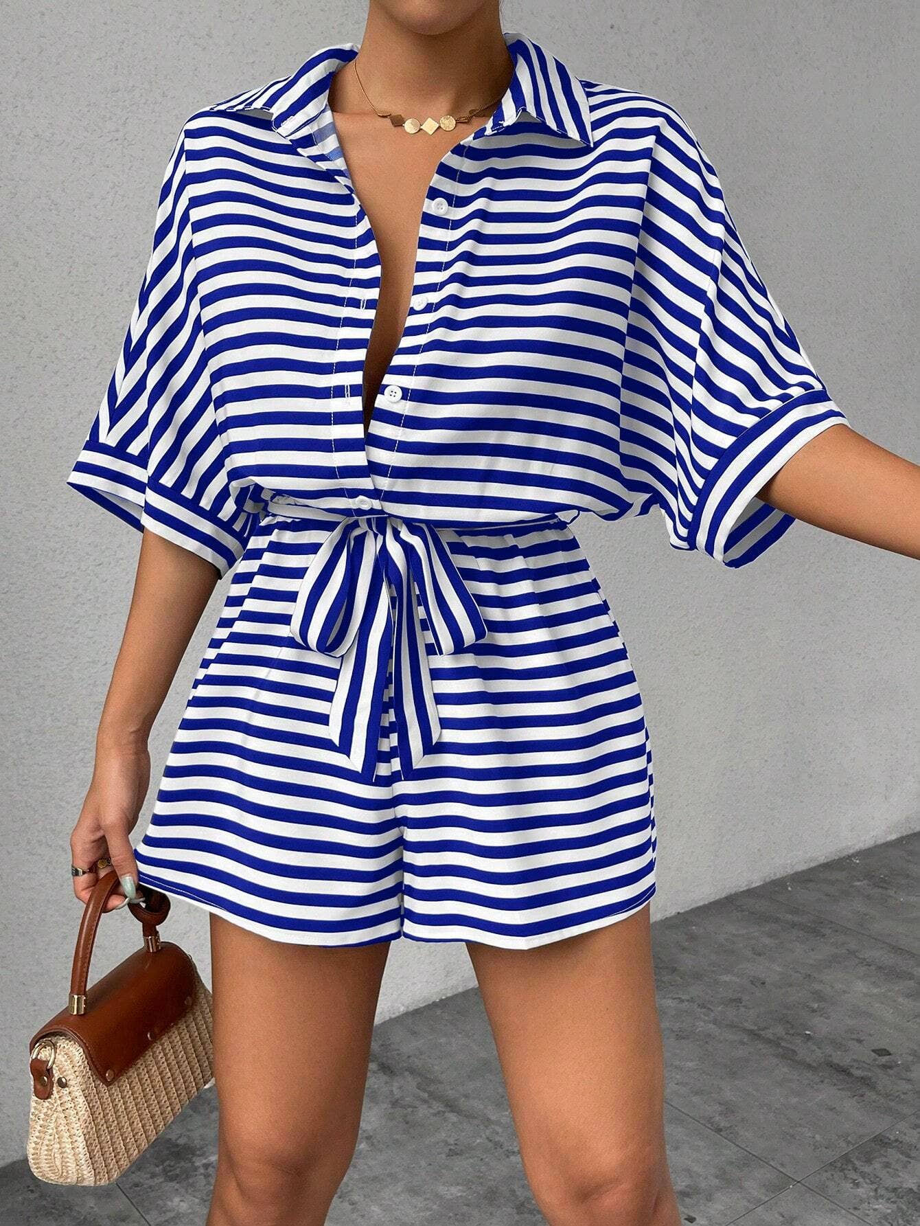 Striped Lapel Belted Shorts Short Sleeved Onesie