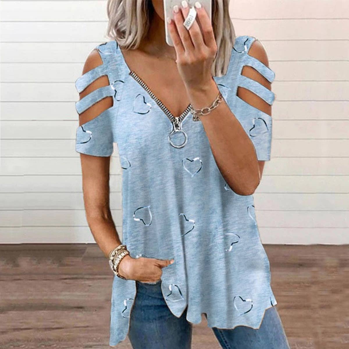V-Neck Zip-Up Print Short-Sleeved Baggy Blouse