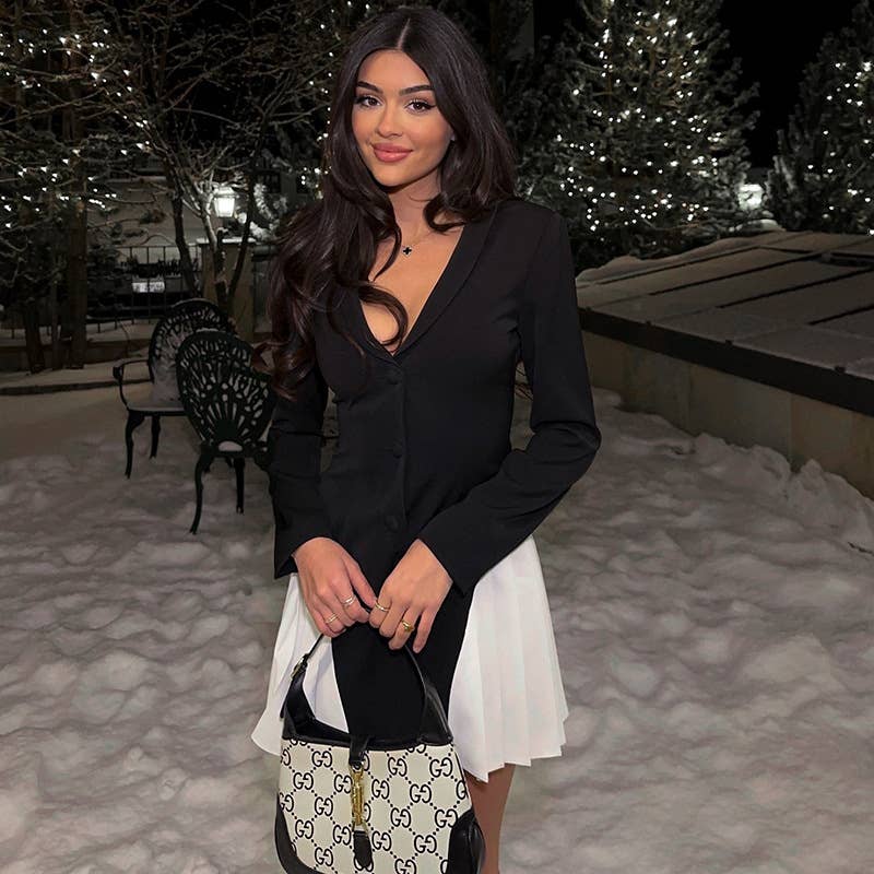 Thin Color Matching A-Line V-Neck Short Dress