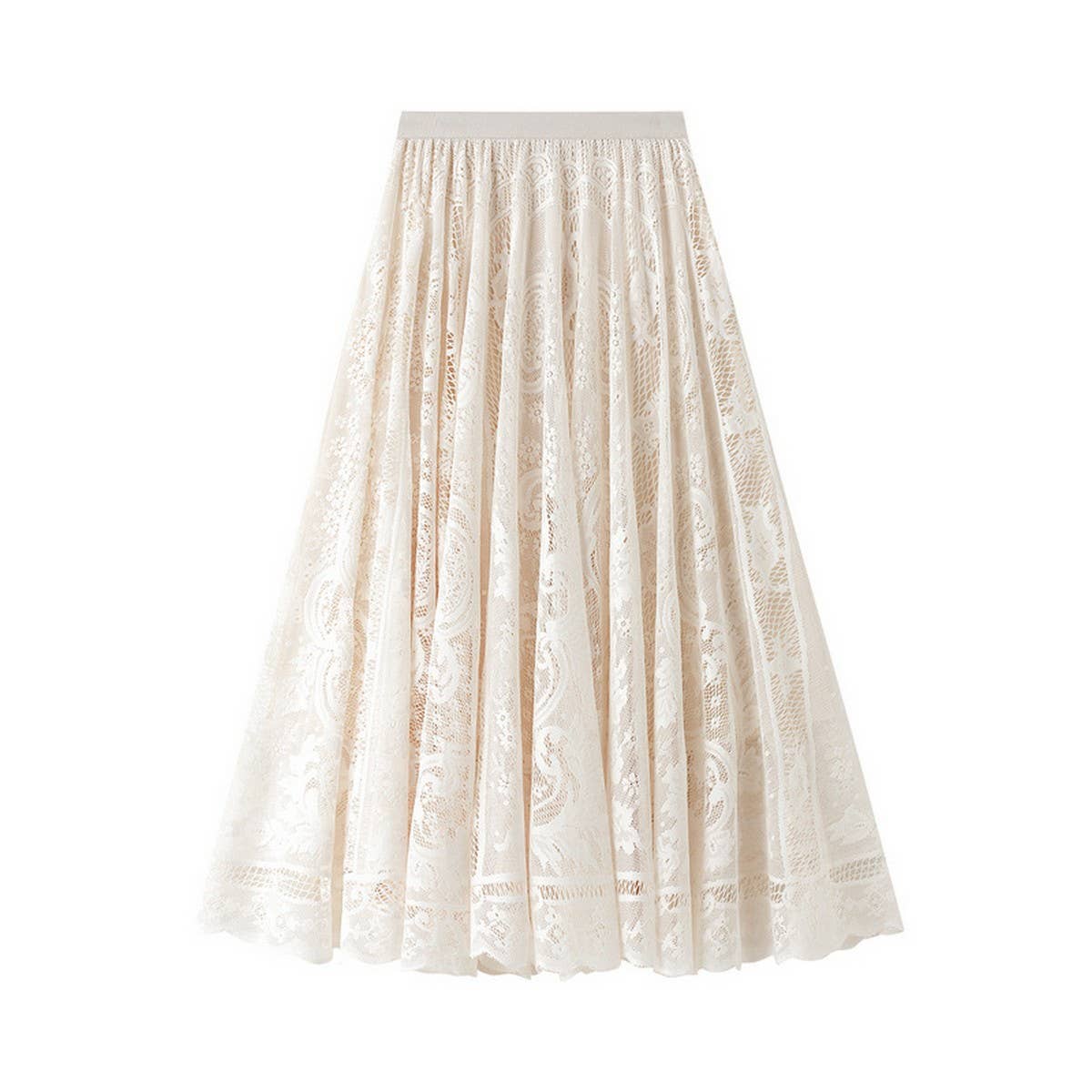 HIGH WAIST A LINE MIDI SKIRT WITH LACE OVERLAY_CWBMS0375