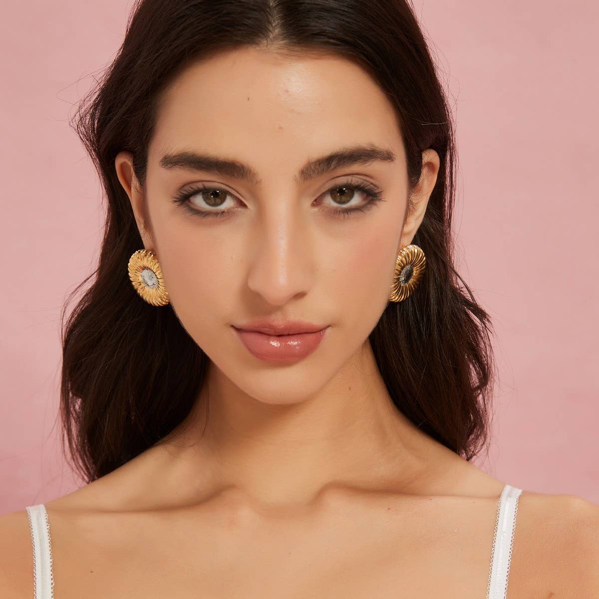 Vintage Round Ribbed Stainless Steel Earrings_Cwmm8910