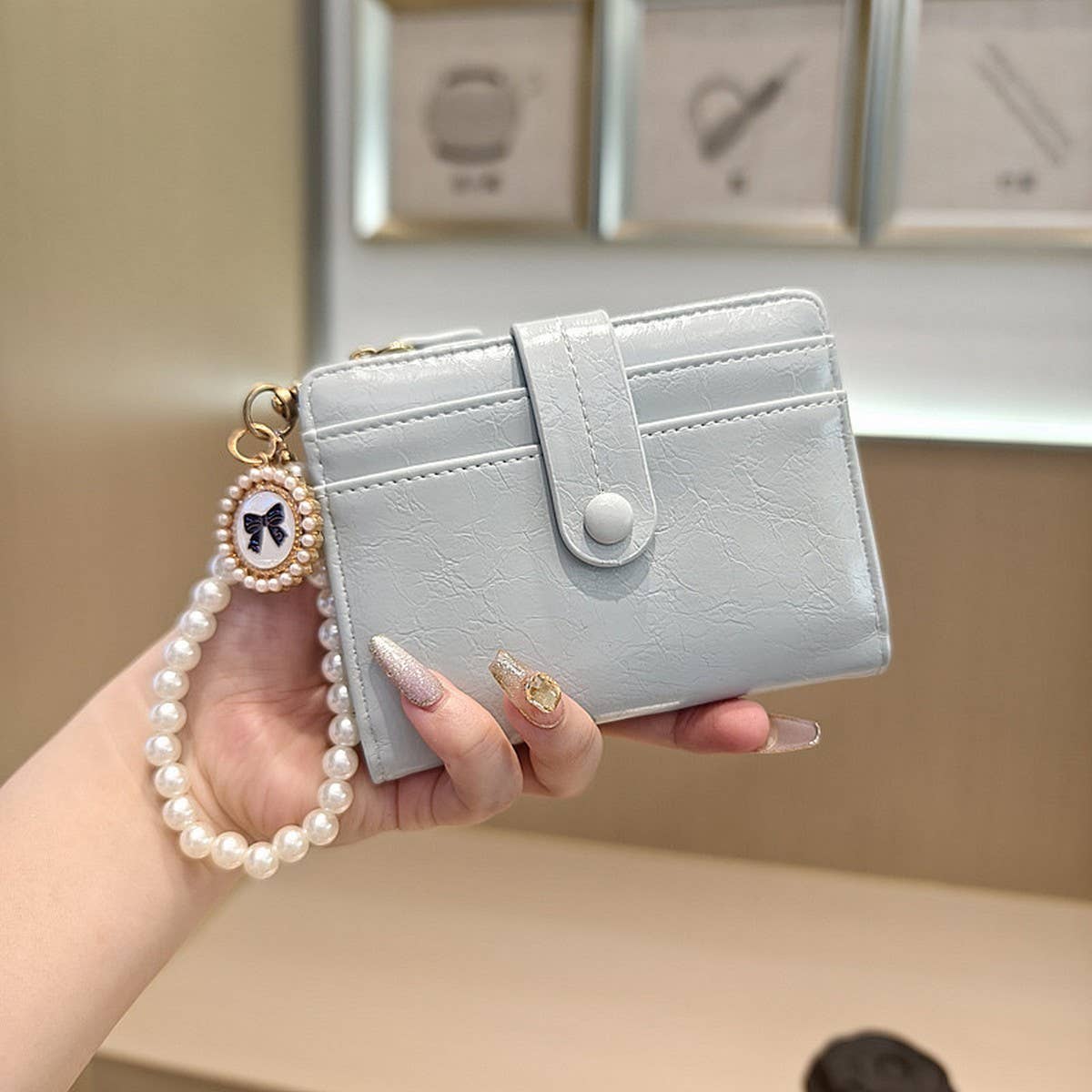Unique Vintage Pearl 2-Fold Wallet With Zipper_Cwab06249