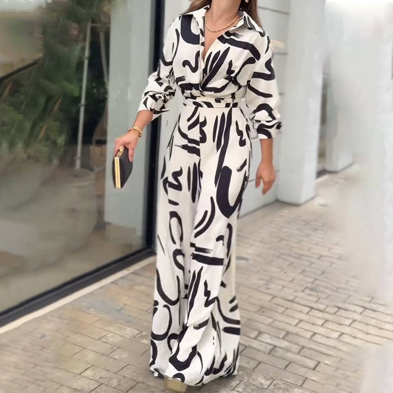 Stylish Casual Print Lapel Baggy Jumpsuit