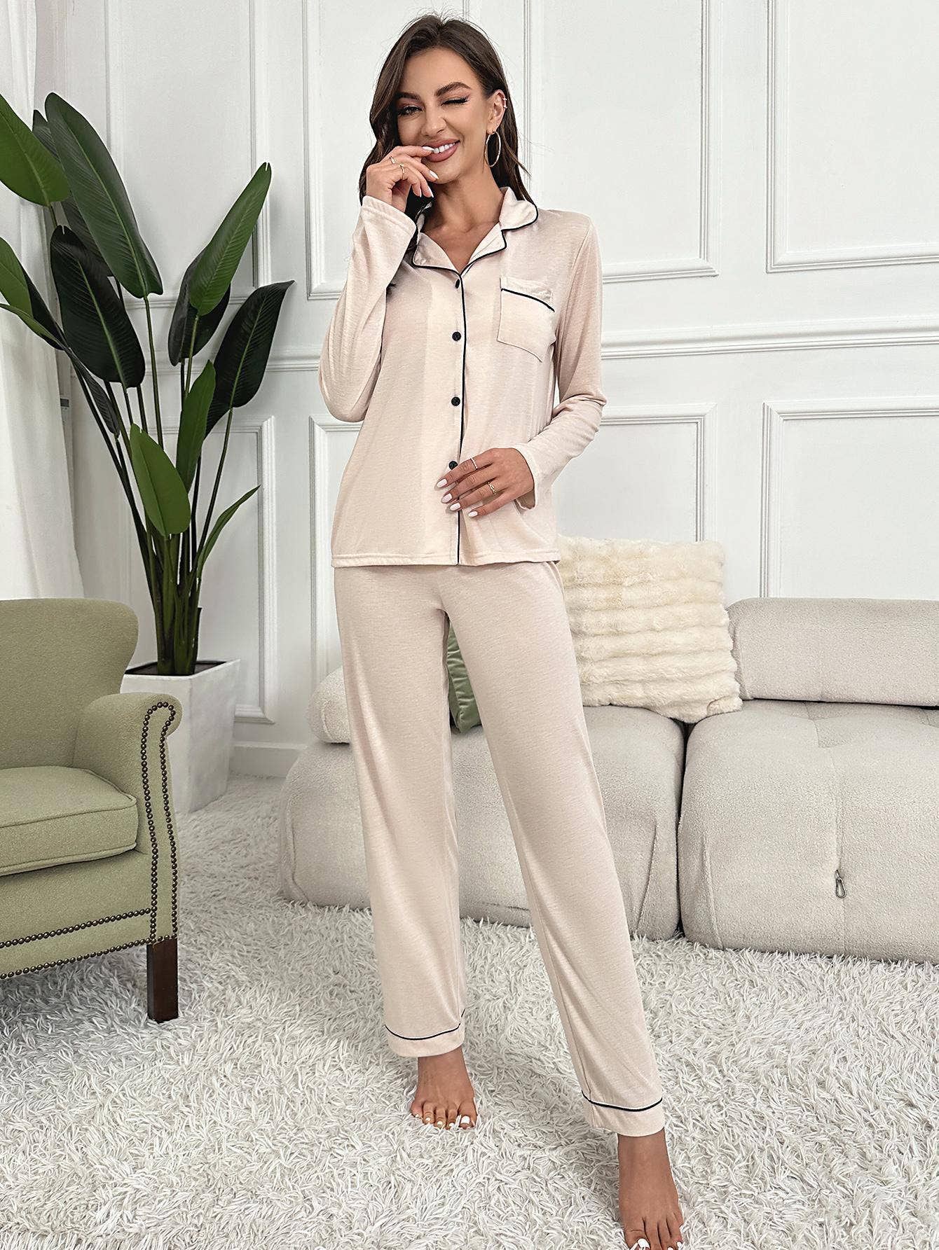 Women Pajama Set Long Sleeve Top And Pants