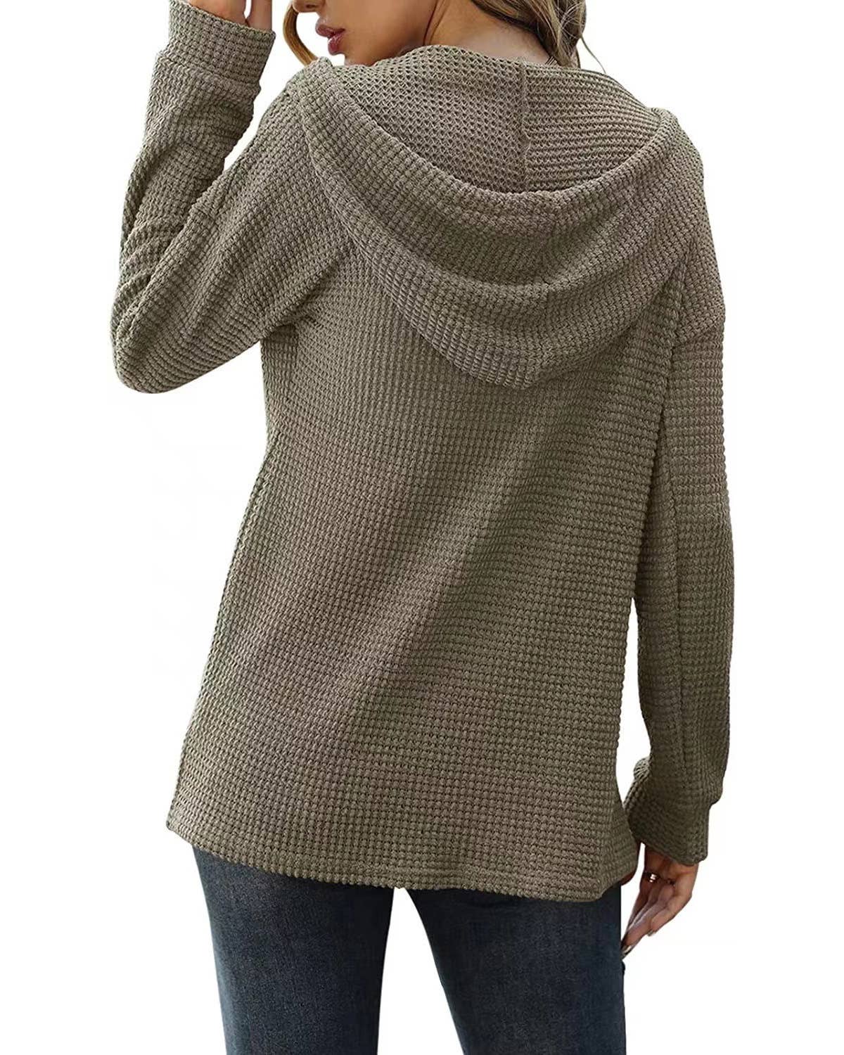 Waffle Solid Color Baggy Hooded Button Knit