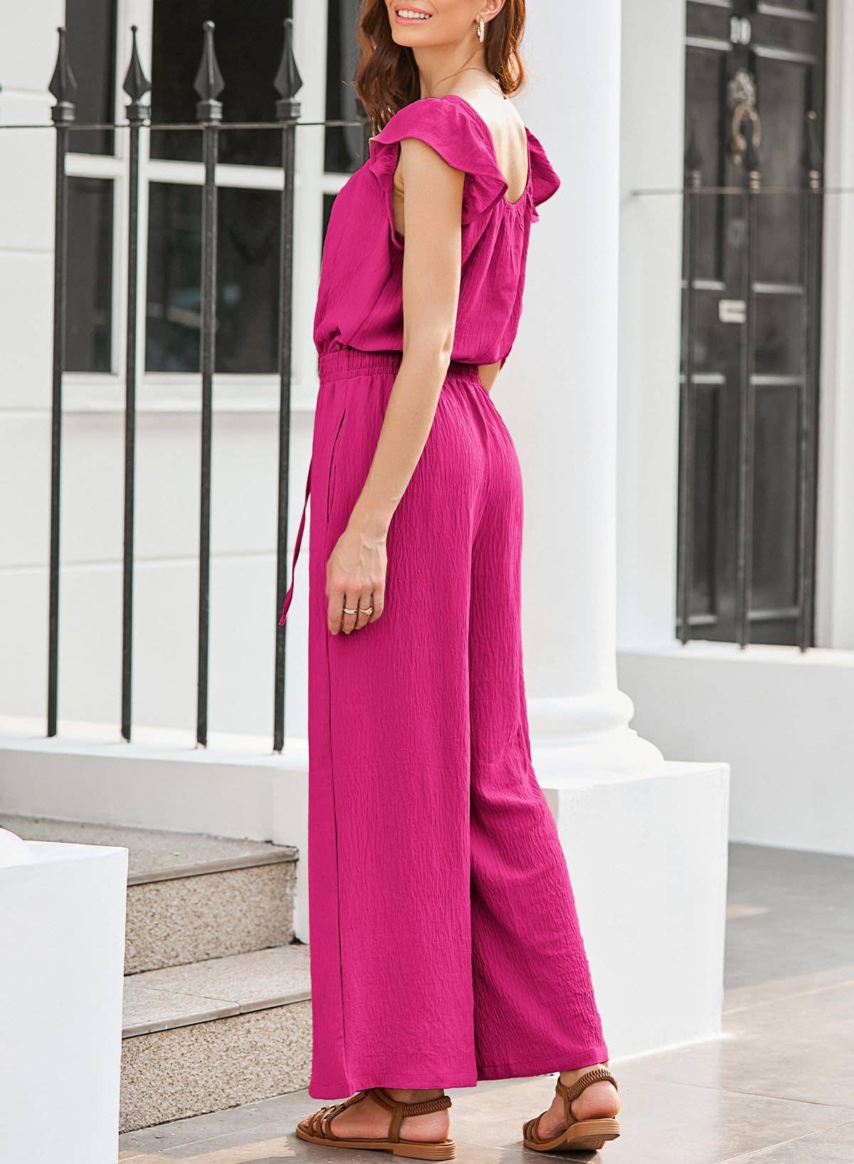 Womens Ruched Romper With Ruffle Sleeves