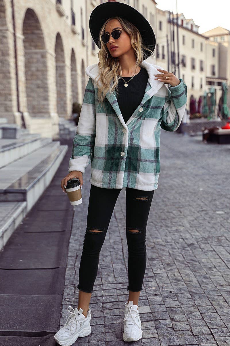Women Hooded Long Sleeved Plaid Loose Jacket_Cwoco0121
