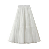 Vintage Pleated Lace Trim Tulle Maxi Skirt_Cwbms0348