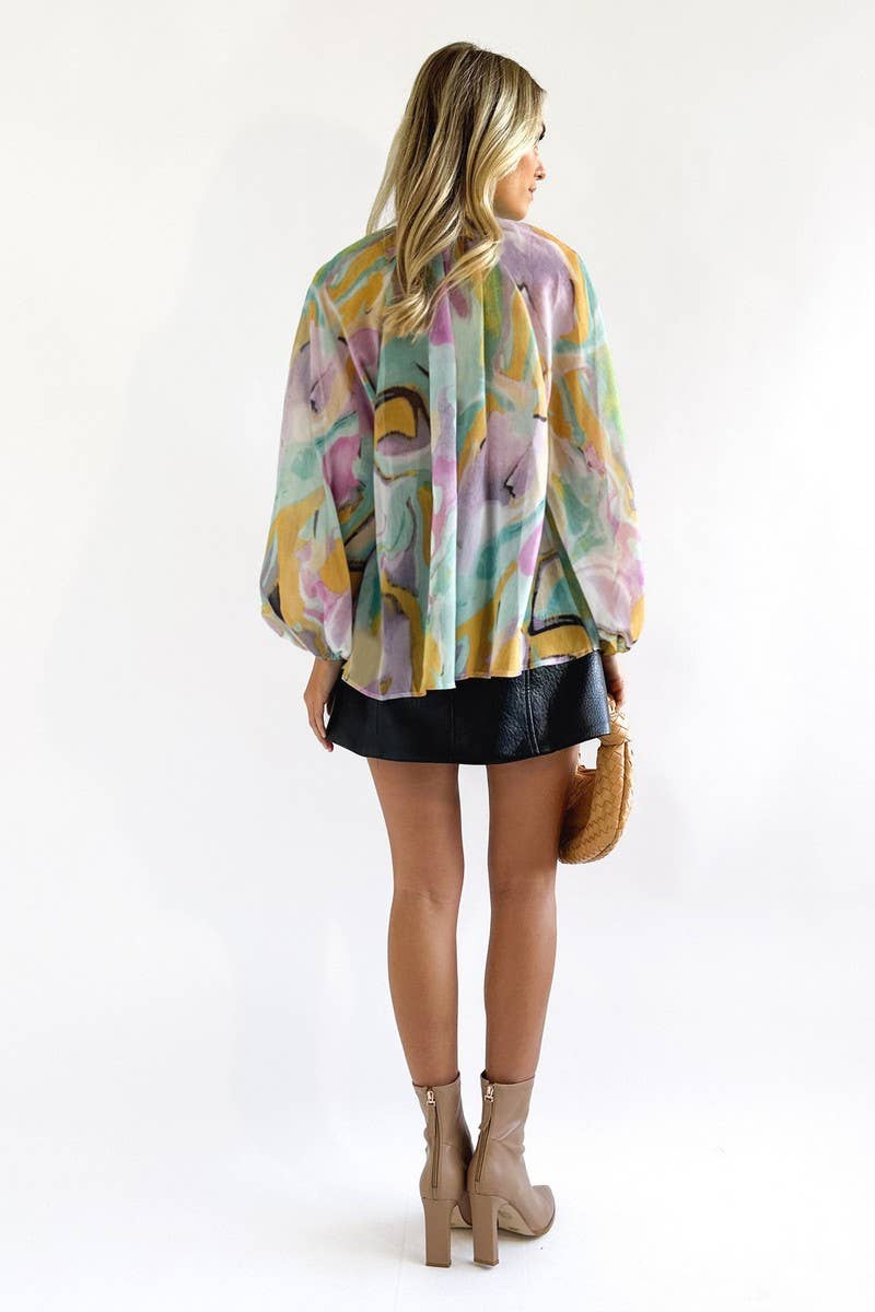 Women Tie Dye Marble Print Button Down Blouse_Cwtbll0359