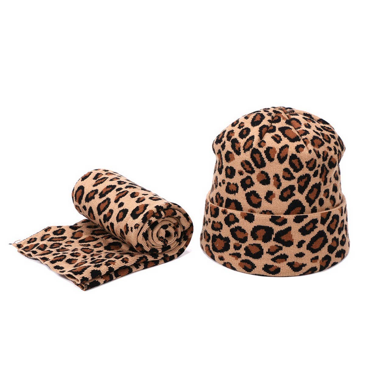 Leopard Knit Beanie With Pom & Scarf Set_Cwah04988