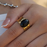 INLAID OBSIDIAN 18K GOLD PLATED WIDE RING_CWAJE1242