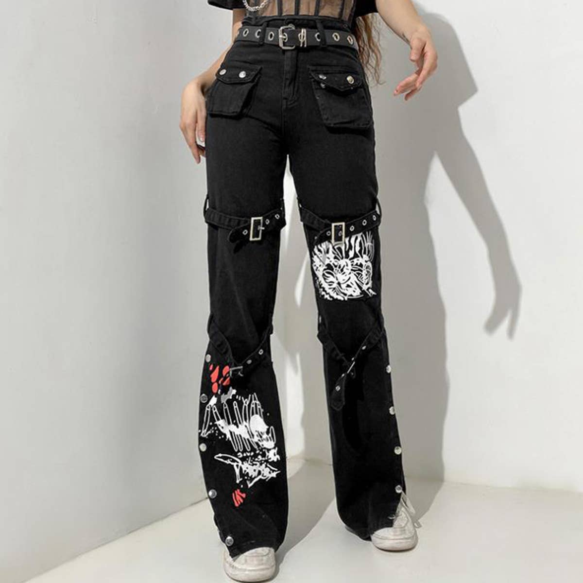 Street Style Split Hem Printed Denim Jeans