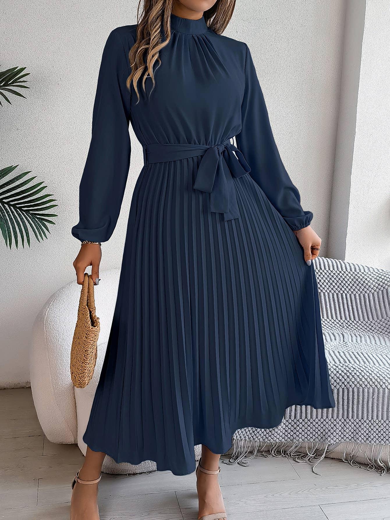 Standing Collar Long Sleeve Pleated Long Dress