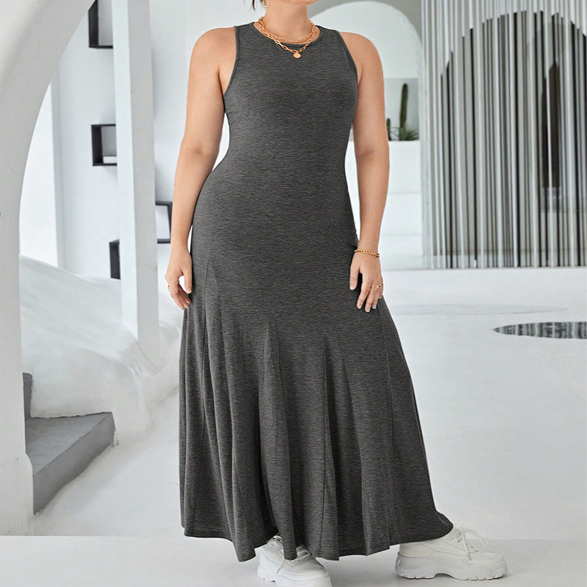 CHIC SLEEVELESS ROUND NECK HIGH WAIST DRESS_CWDMD6049