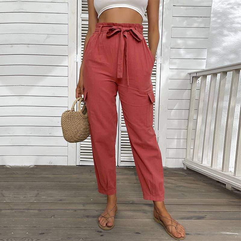 Solid Color High-Waisted Casual Lace-Up Pants