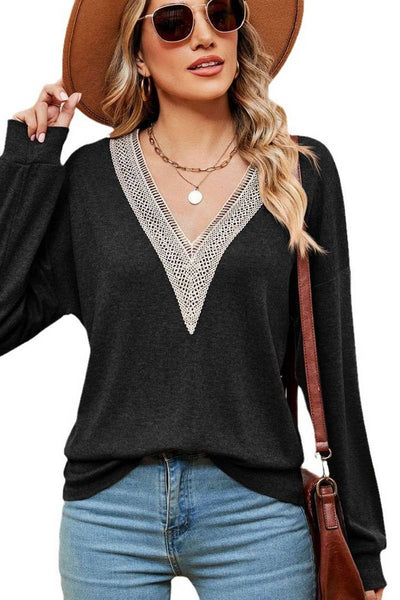 Cwtbll2393_Long Sleeve Lace V-Neck Solid Color T-Shirt Top