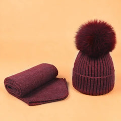 Winter Knit Hat Scarf Set With Fox Fur Pom Beanie_Cwah05044