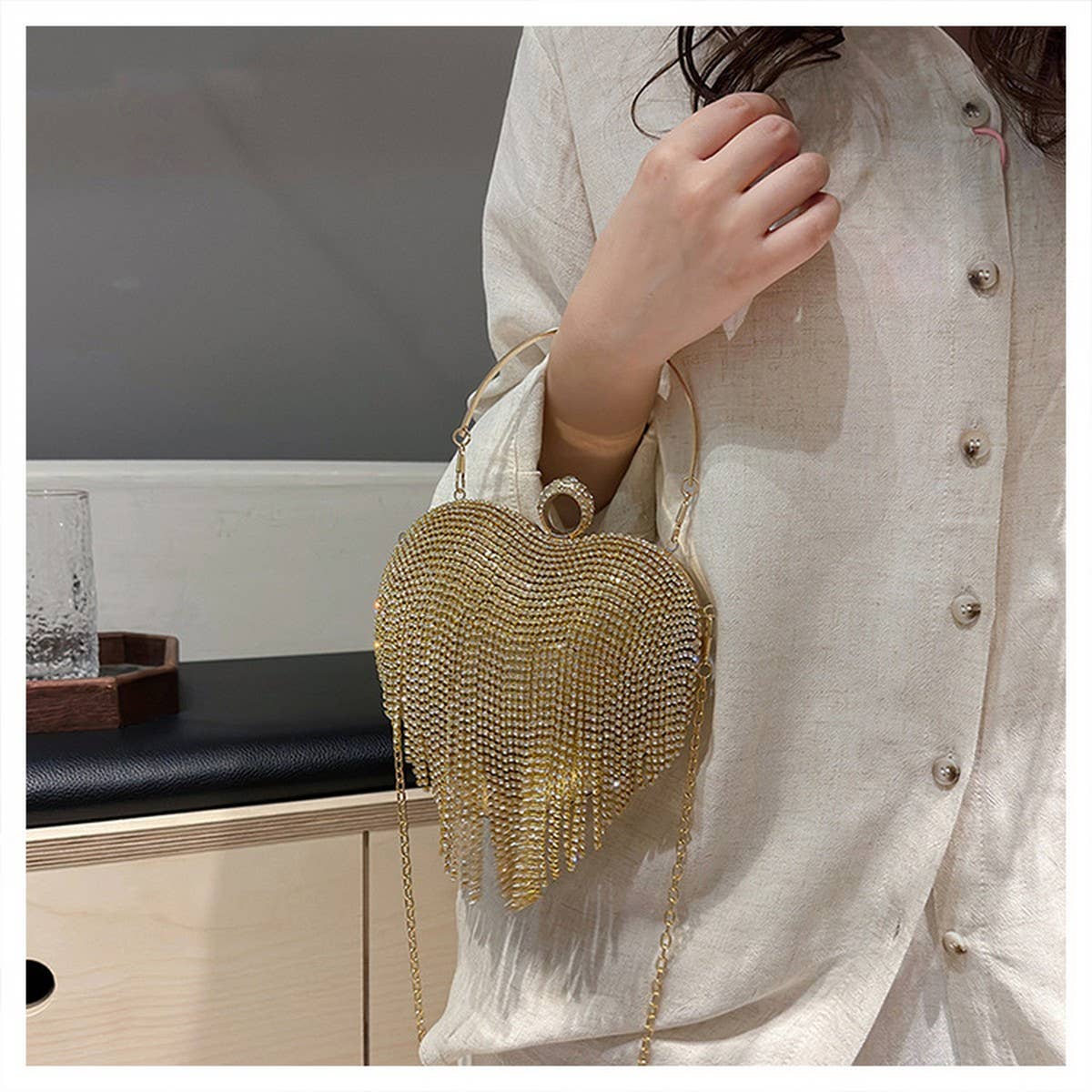 TASSEL SHINY HEART BAG DIAMOND BAG CLUTCH BAG_CWAB3250