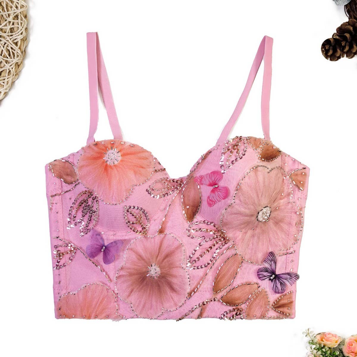 PINK FLORAL EMBROIDERED HERRINGBONE CORSET_CWMM4151