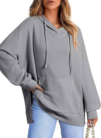 Waffle Knit Side Split Pullover With Pockets