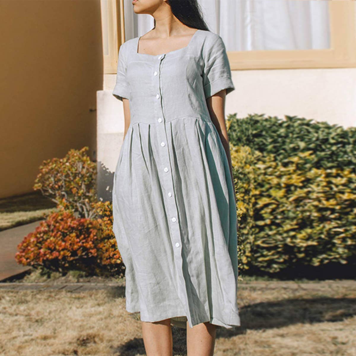 Square Neck Loose Ramie Dress