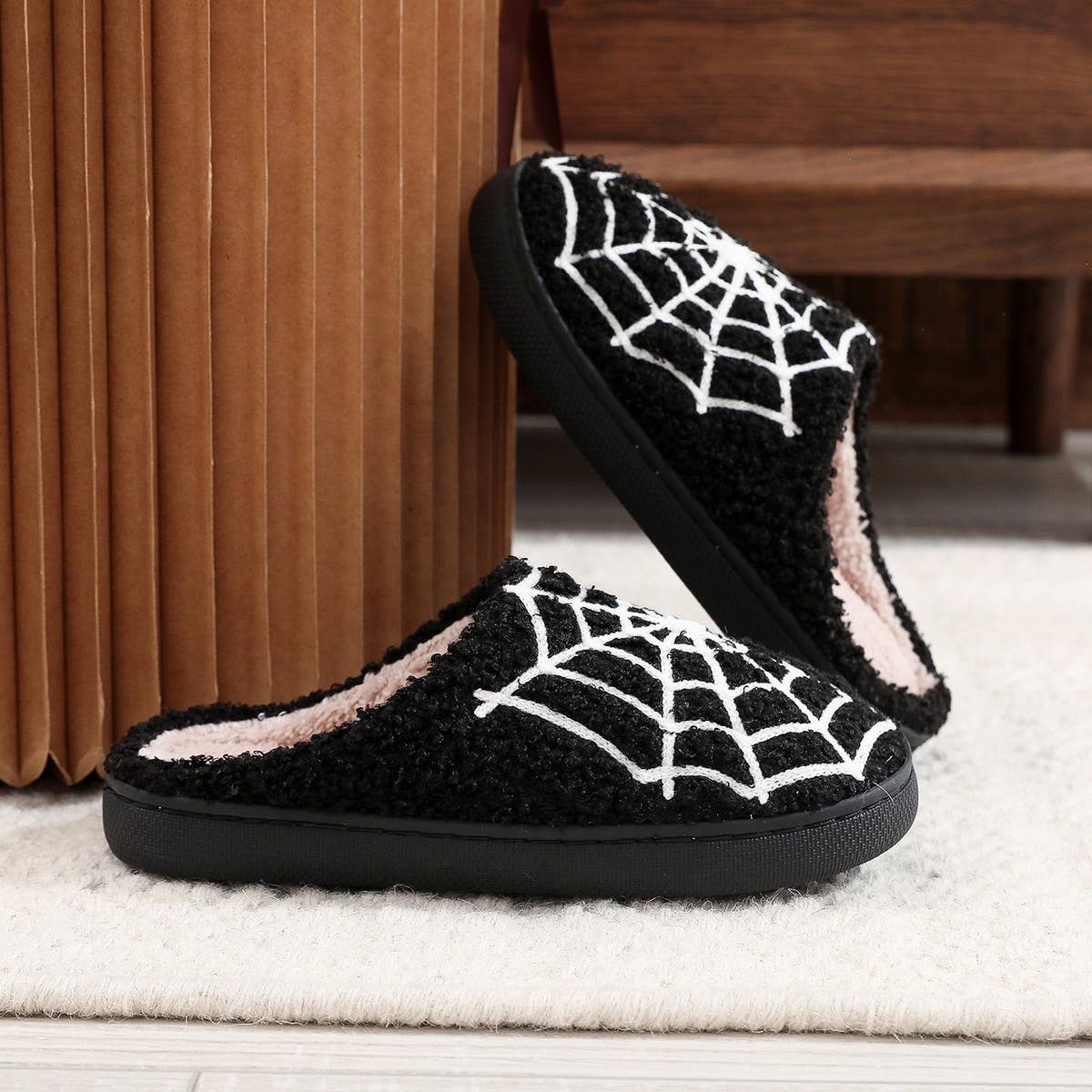 HALLOWEEN SPIDER WEB EMBROIDERED COTTON SLIPPERS_CWSHS0757