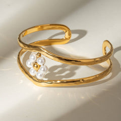 18K GOLD PEARL FLORAL DOUBLE LAYER CUFF BRACELET_CWAJE4795