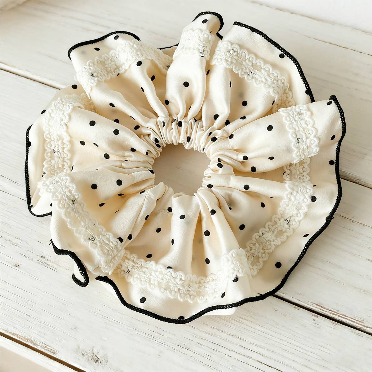 Lace Polka Dot Satin Scrunchie Hair Tie_Cwaha07669