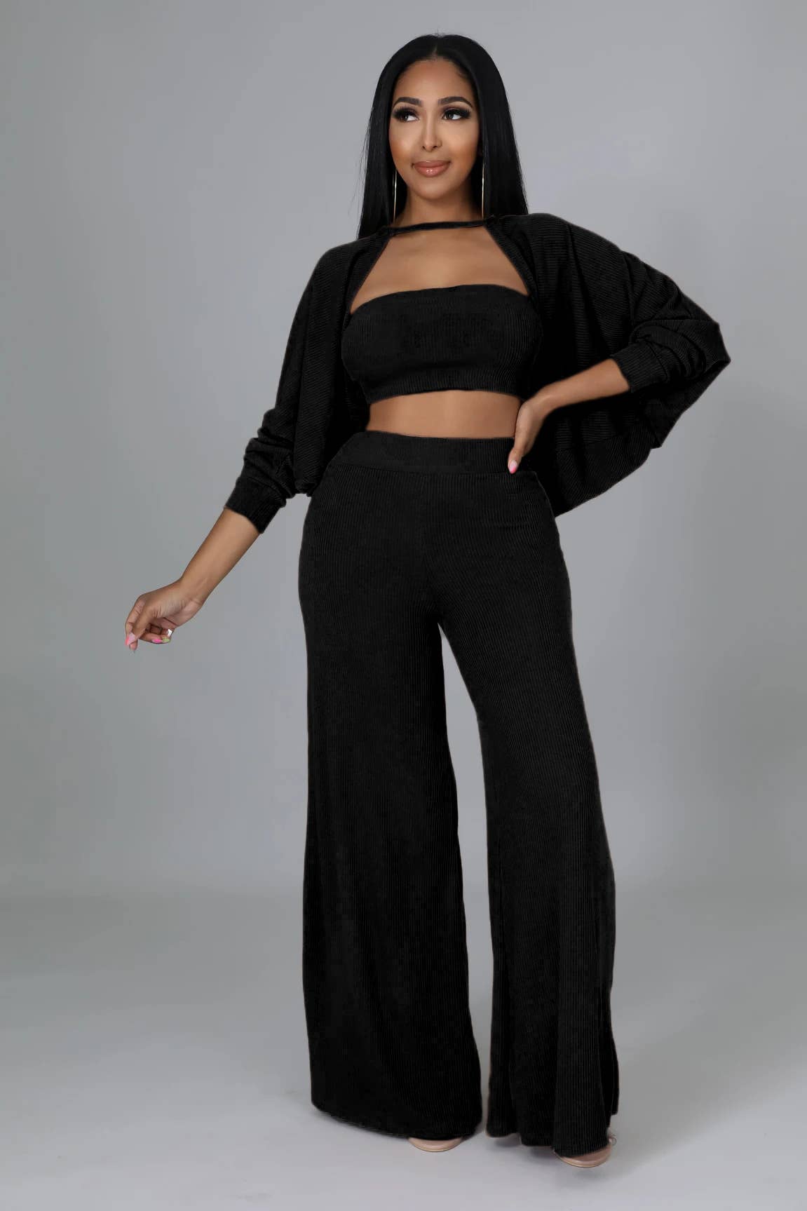 Solid Color Coat Cape Trousers Three-Piece Set