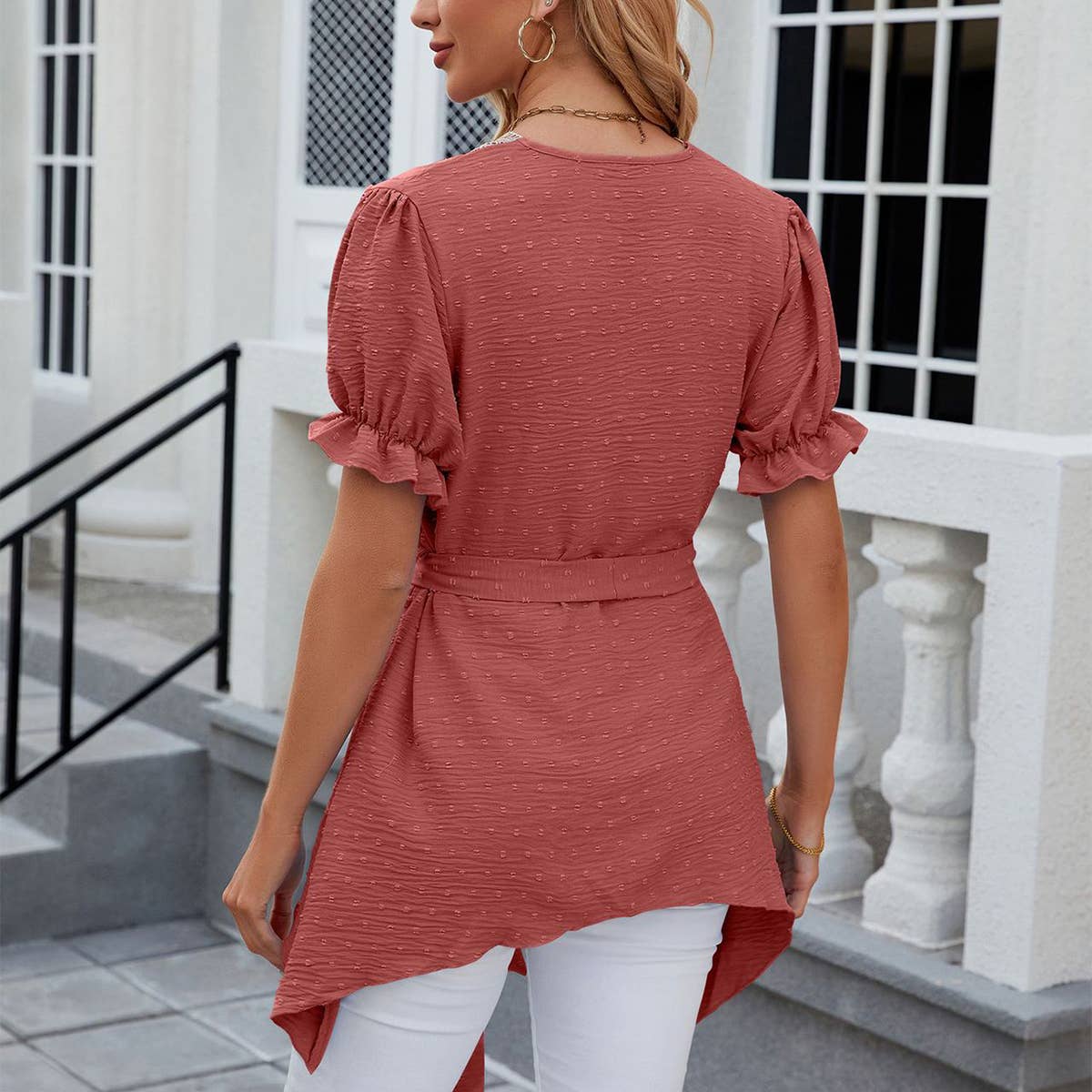 V-Neck Lace Jacquard Lace Up Short Sleeved Dress