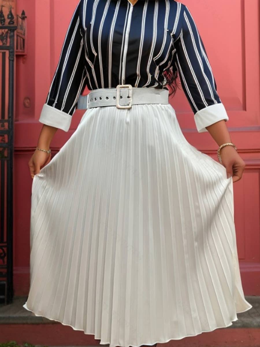 Solid-Color Fashionable Belt Pleated Skirt