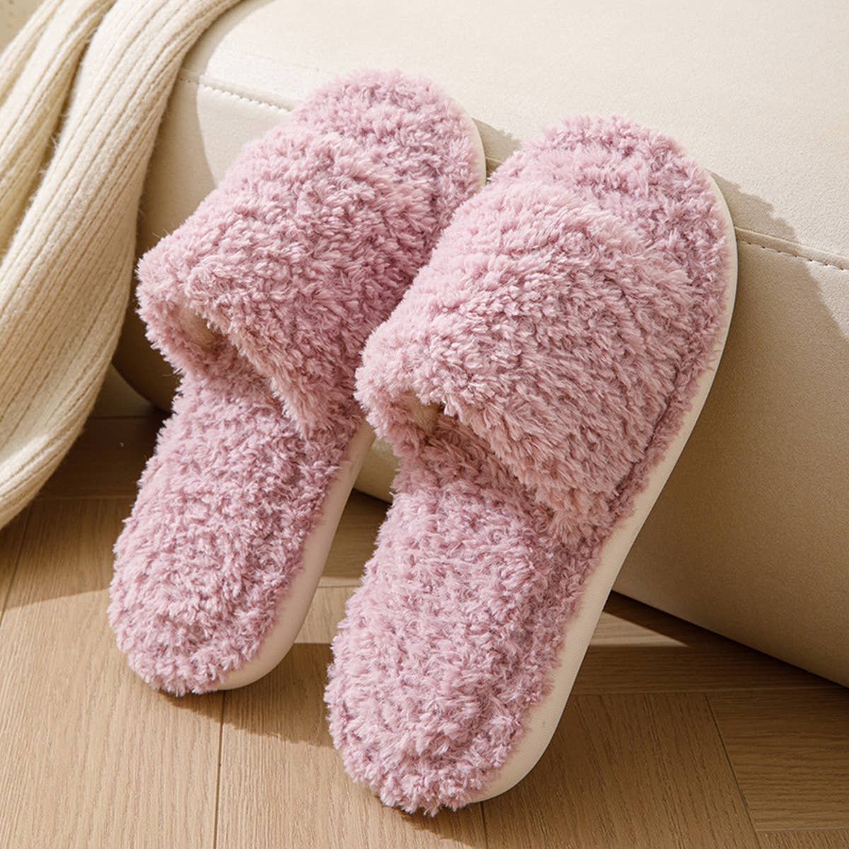 SIMPLE HOME CURLY OPEN PLUSH COTTON SLIPPERS_CWSHS0847