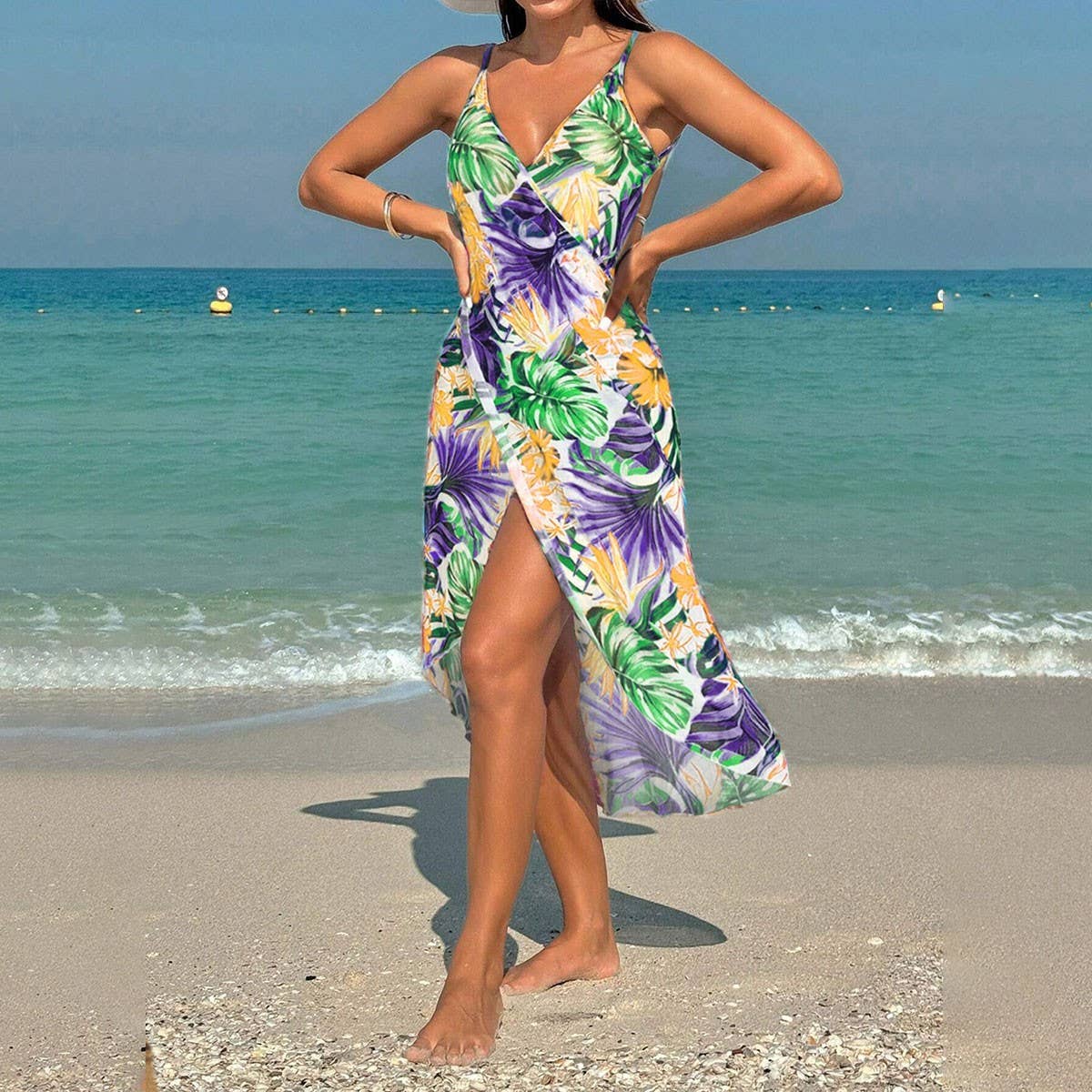 PRINTED SLING BEACH DRESS ONE PIECE VACATION WEAR_CWBLS0474