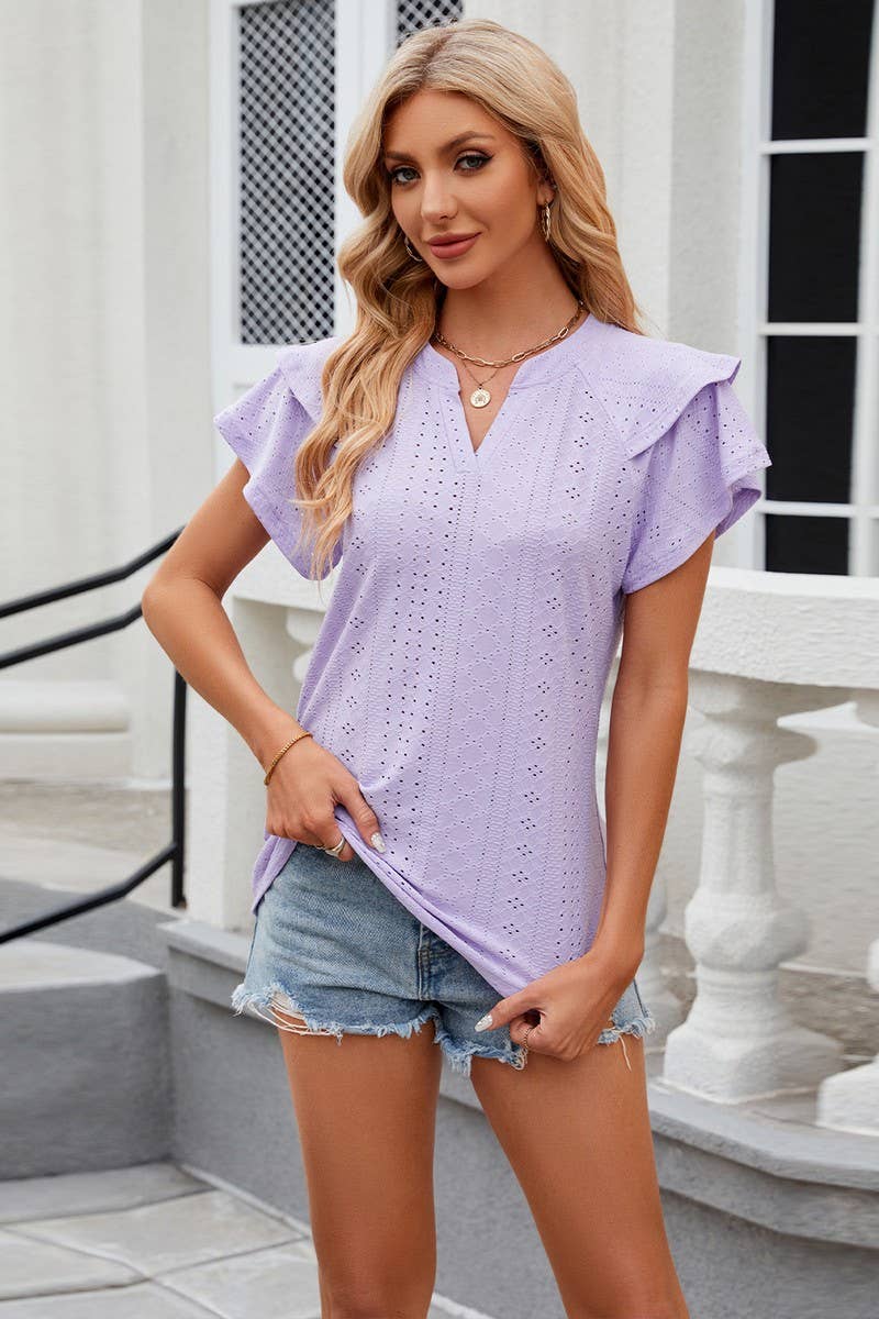V Neck Solid Color Double Sleeved Casual T Shirt_Cwtsts0287