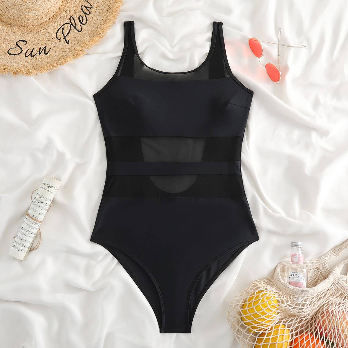Womens Mesh Splicing One-Piece Swimsuit