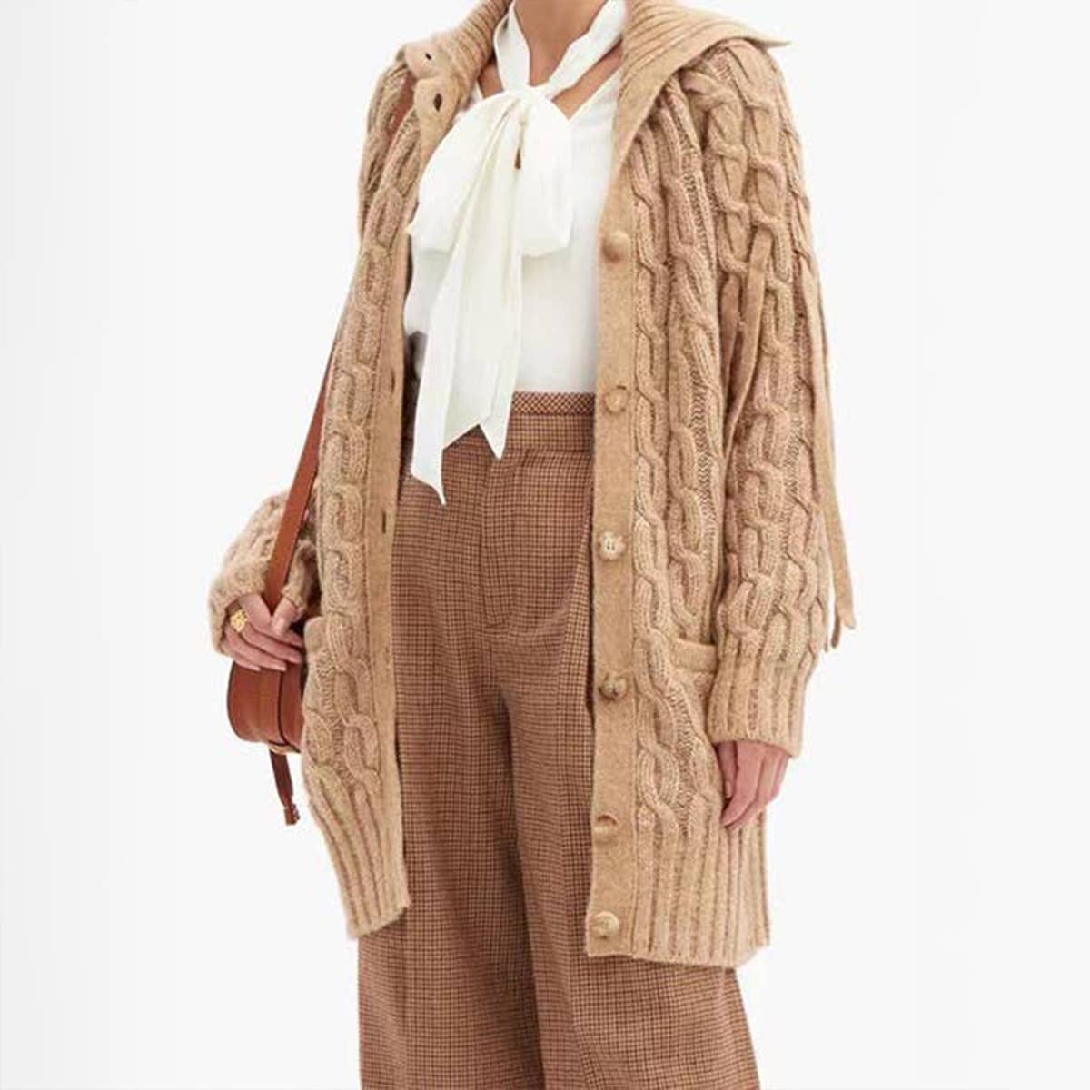 Solid Color Knitted Cardigan With Twist Pocket