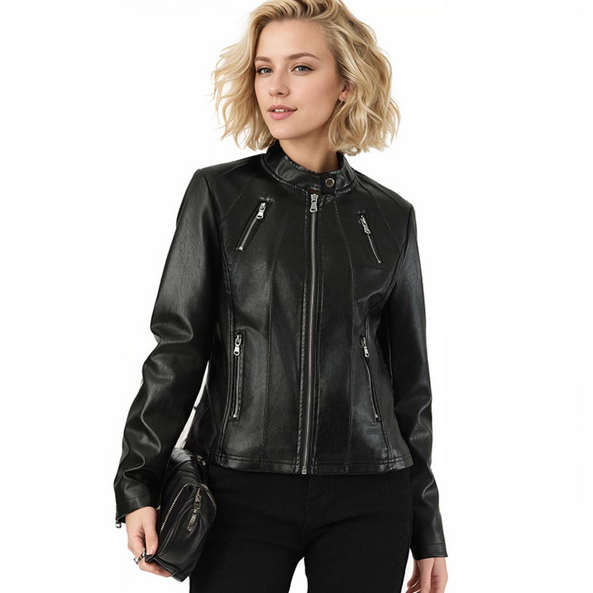 SLIM FIT STAND COLLAR FAUX LEATHER JACKET WOMEN_CWMM9025