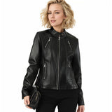 SLIM FIT STAND COLLAR FAUX LEATHER JACKET WOMEN_CWMM9025