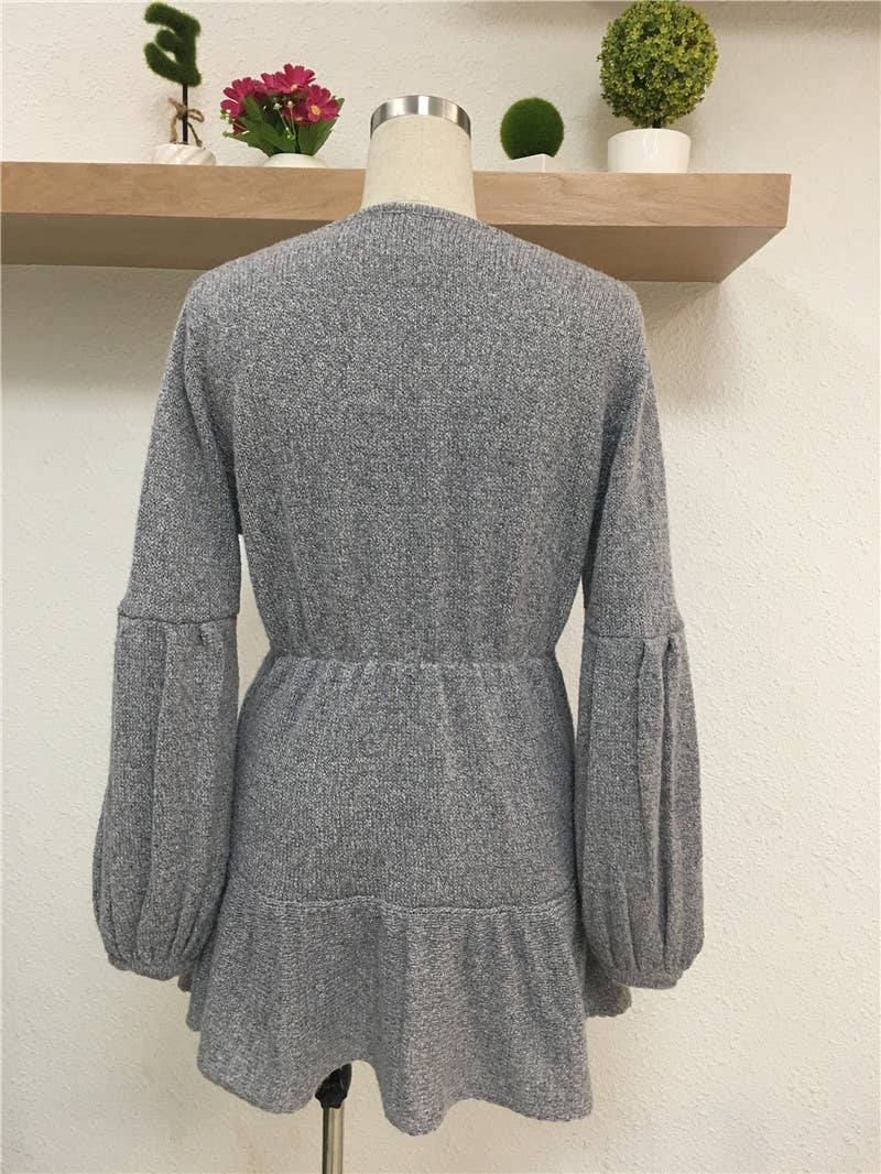 SOLID COLOR TIE V-NECK SWEATER LONG SWEATER_cwdsd4919