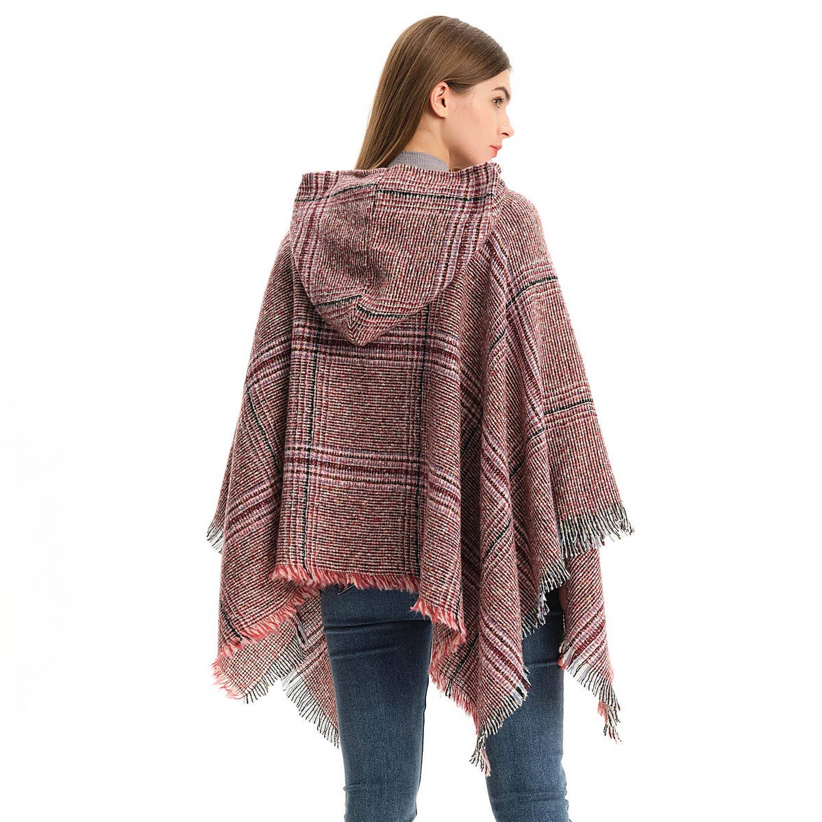 CIRCLE YARN FUR LARGE PLAID HOODED CAPE SHAWL_CWASC1211