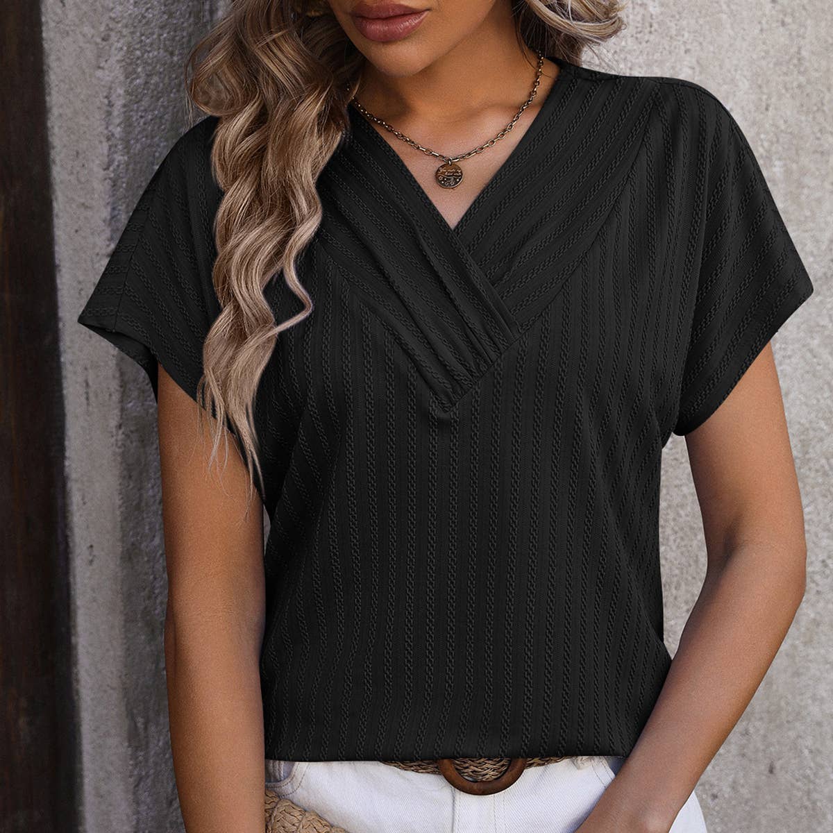 Womens V Neck Pullover Jacquard Short Sleeved Top_Cwtts0897