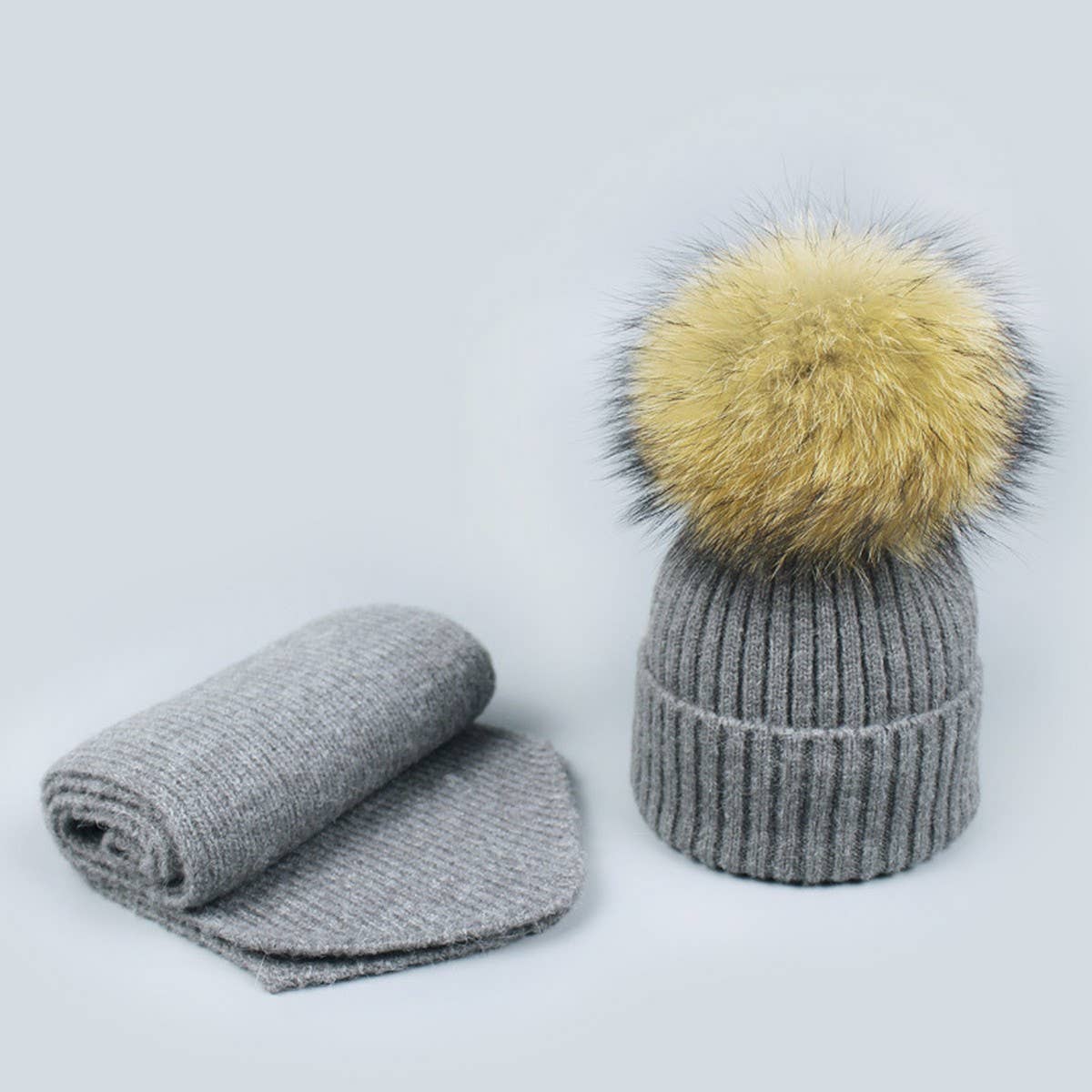 Knit Hat & Scarf Set With Pom Ball_Cwah05028