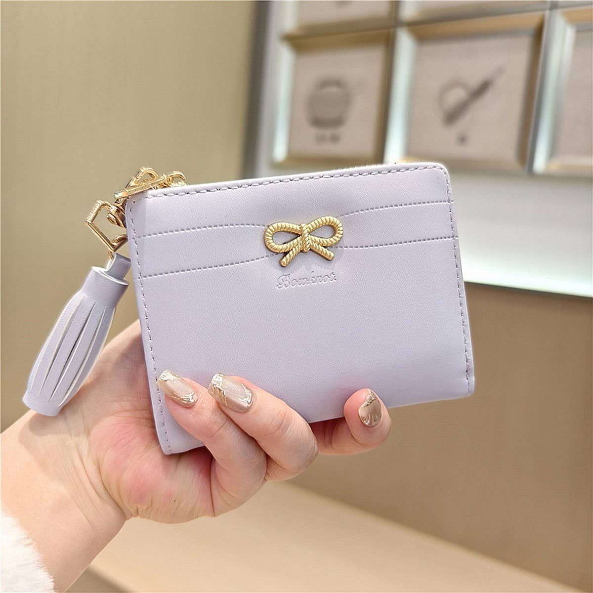 New Simple Solid Color Bow Tassel Zipper Wallet_Cwab06254