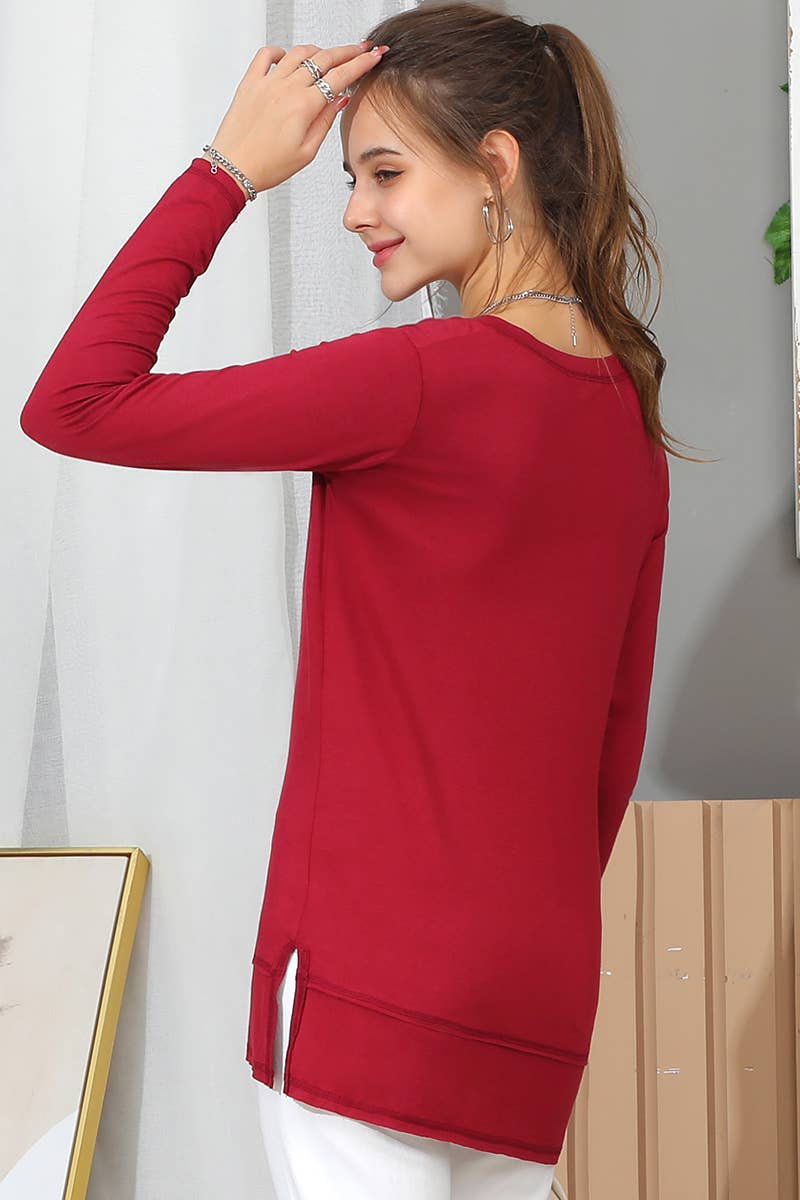 Solid V Neck Long Sleeved Shirt_Cwttl1434
