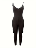 Strap V-Neck Cargo Pocket Hip Sports Jumpsuit