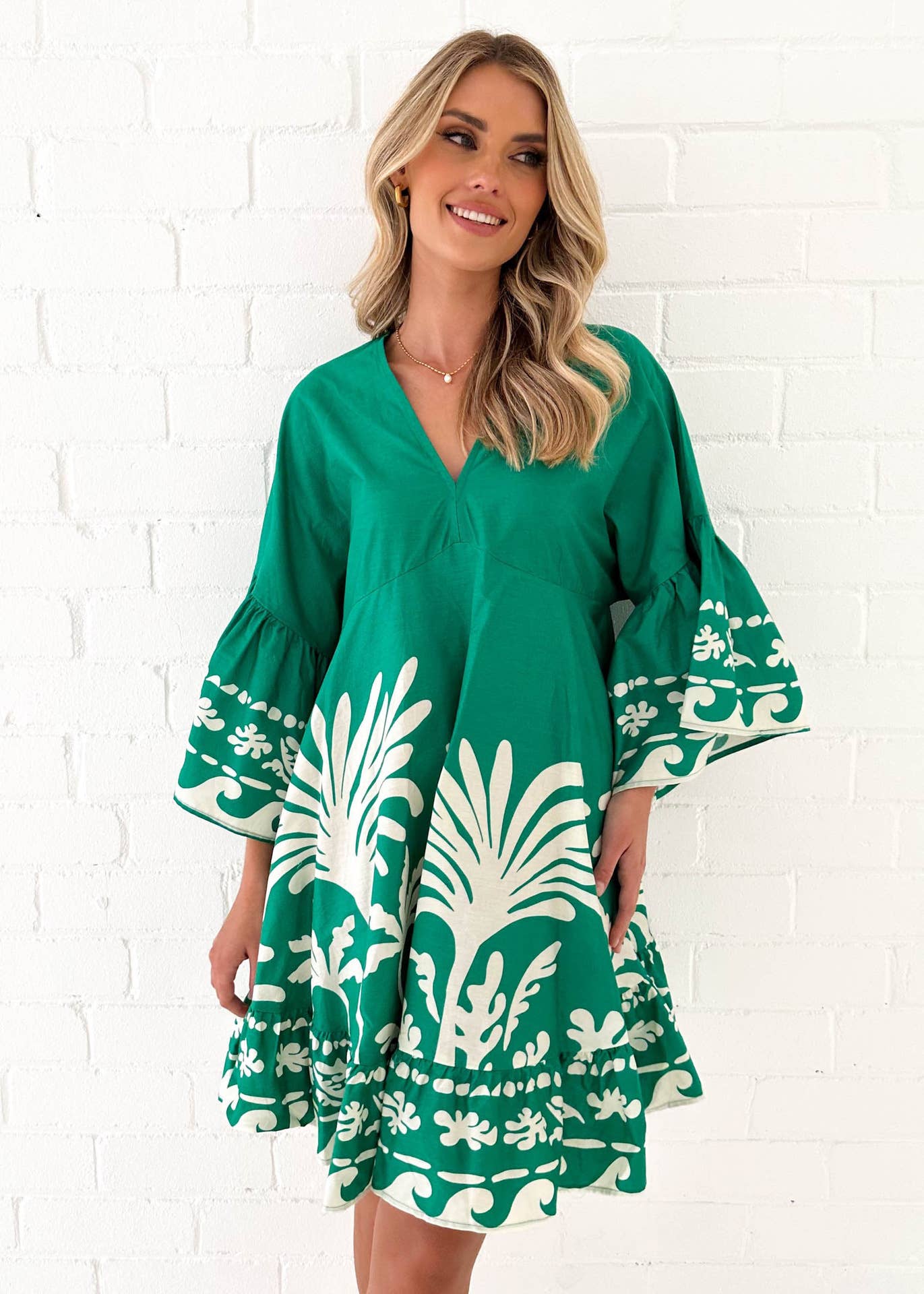 V-Neck Print Flared Sleeves Loose Short Dress